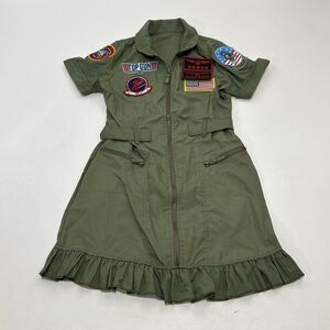 Top Gun Women's Flight Dress Olive Green Patch Ruffle Zipper Belted, Size M